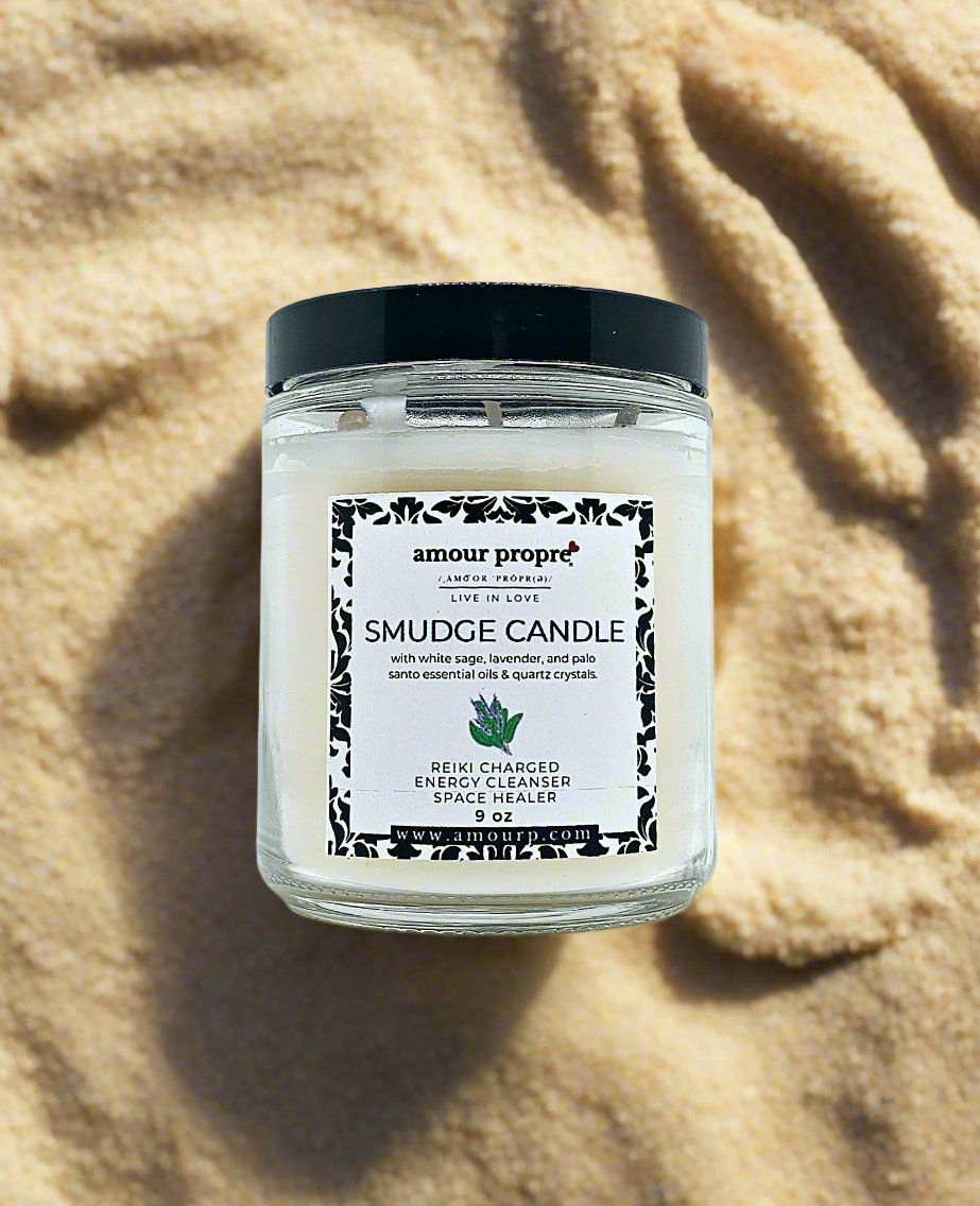 Sacred Smudge Aromatherapy Candle | Lavender, Clary Sage, Palo Santo | Quartz Crystal Infused