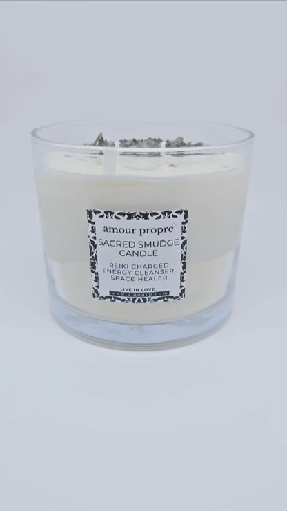 Sacred Smudge Aromatherapy Candle | Lavender, Clary Sage, Palo Santo | Quartz Crystal Infused