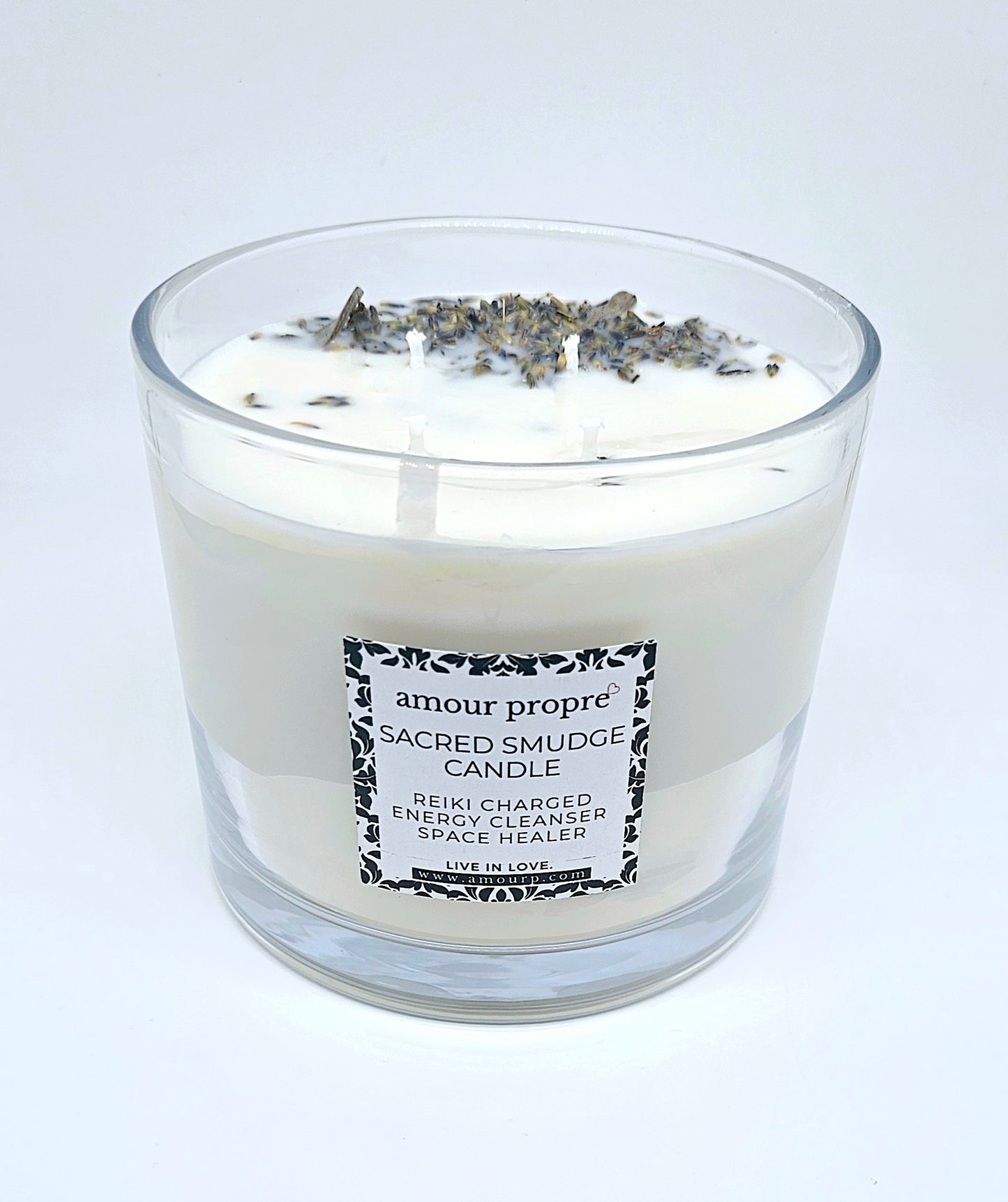 Sacred Smudge Aromatherapy Candle | Lavender, Clary Sage, Palo Santo | Quartz Crystal Infused