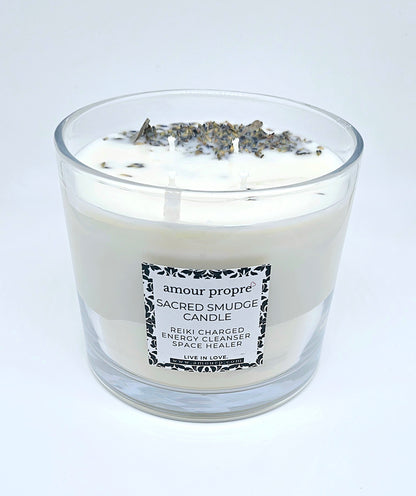 Sacred Smudge Aromatherapy Candle | Lavender, Clary Sage, Palo Santo | Quartz Crystal Infused