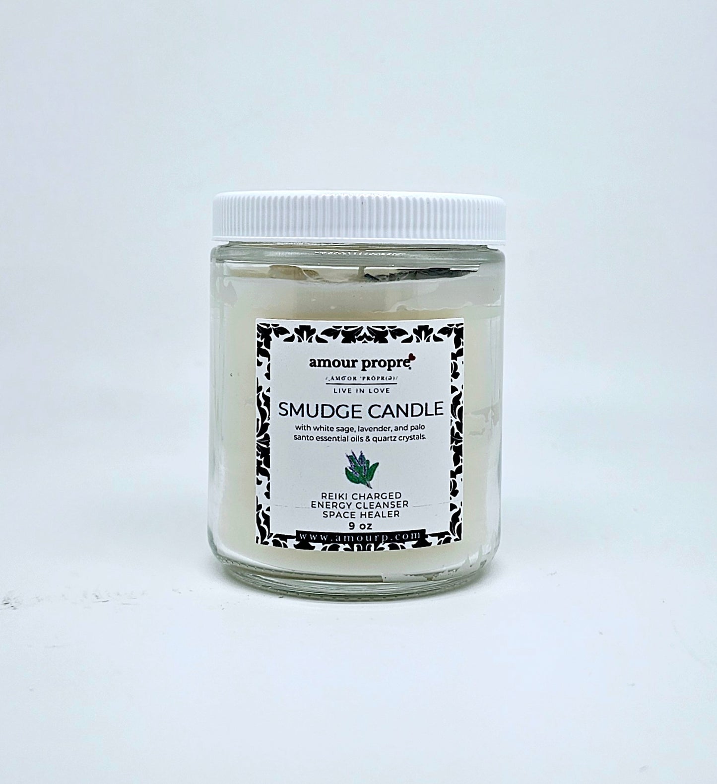 Sacred Smudge Aromatherapy Candle | Lavender, Clary Sage, Palo Santo | Quartz Crystal Infused