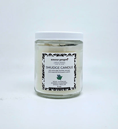 Sacred Smudge Aromatherapy Candle | Lavender, Clary Sage, Palo Santo | Quartz Crystal Infused