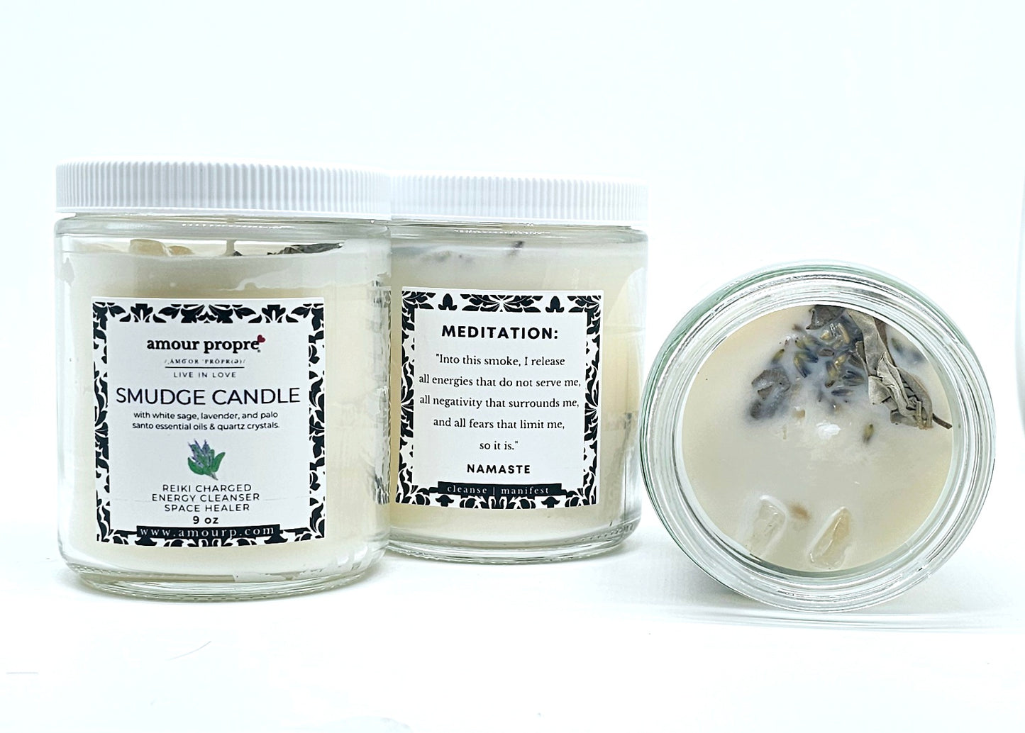 Sacred Smudge Aromatherapy Candle | Lavender, Clary Sage, Palo Santo | Quartz Crystal Infused