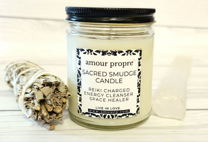 Sacred Smudge Aromatherapy Candle | Lavender, Clary Sage, Palo Santo | Quartz Crystal Infused