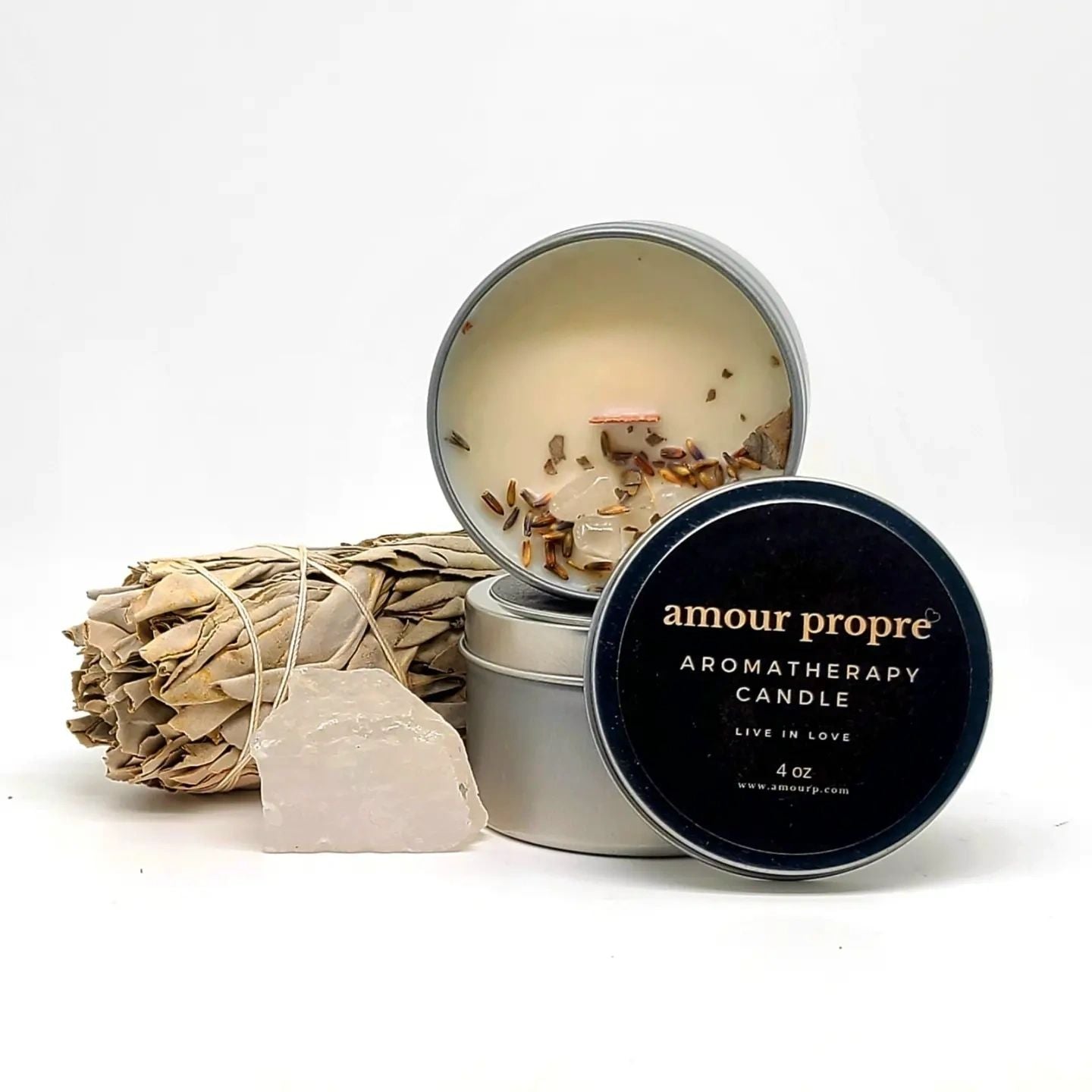 Sacred Smudge Aromatherapy Candle | Lavender, Clary Sage, Palo Santo | Quartz Crystal Infused